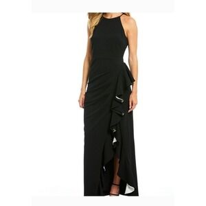 Belle Badgley Mischka Black Halter Gown Side Ruffle Contrast White Size 2